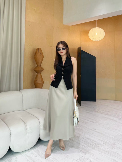 Collar Down Sleeveless Vest With Skirts Sets